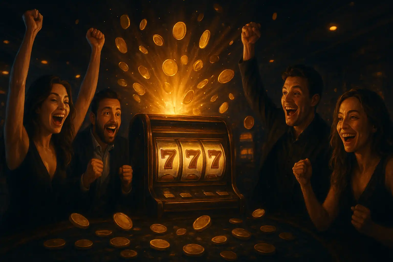 Players celebrating a big slot win on a golden background at PawBets Casino