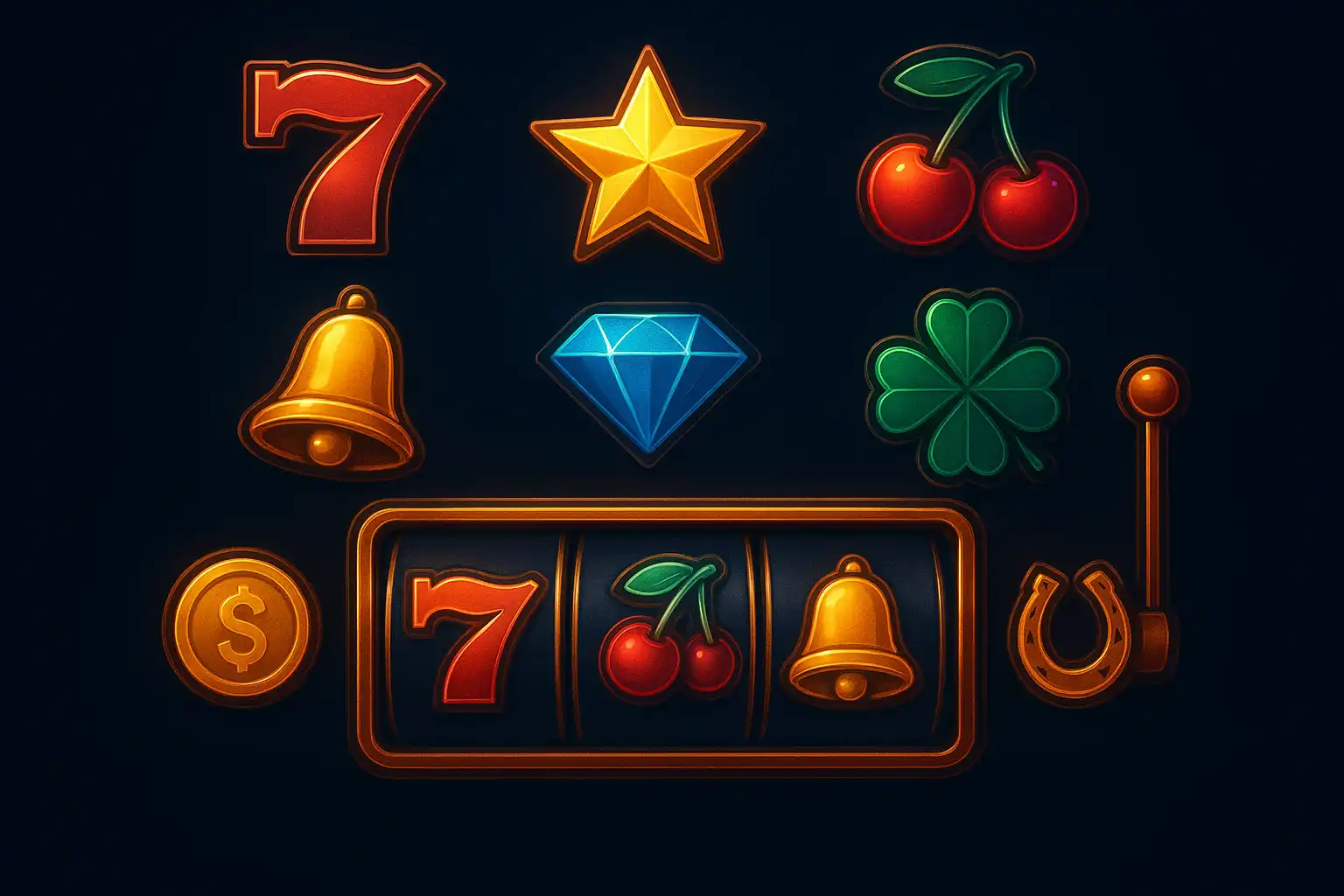 Collection of colourful online slot machine icons glowing on a dark navy background
